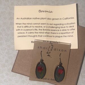 Shari Dixon handmade pressed boronia flower glass, drop earrings.